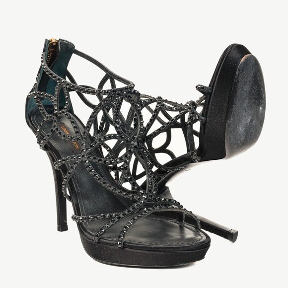Louis Vuitton Tisha Crystal Studded Black Satin Cage Strap Heel Platform Sandal - Picture 4 of 10